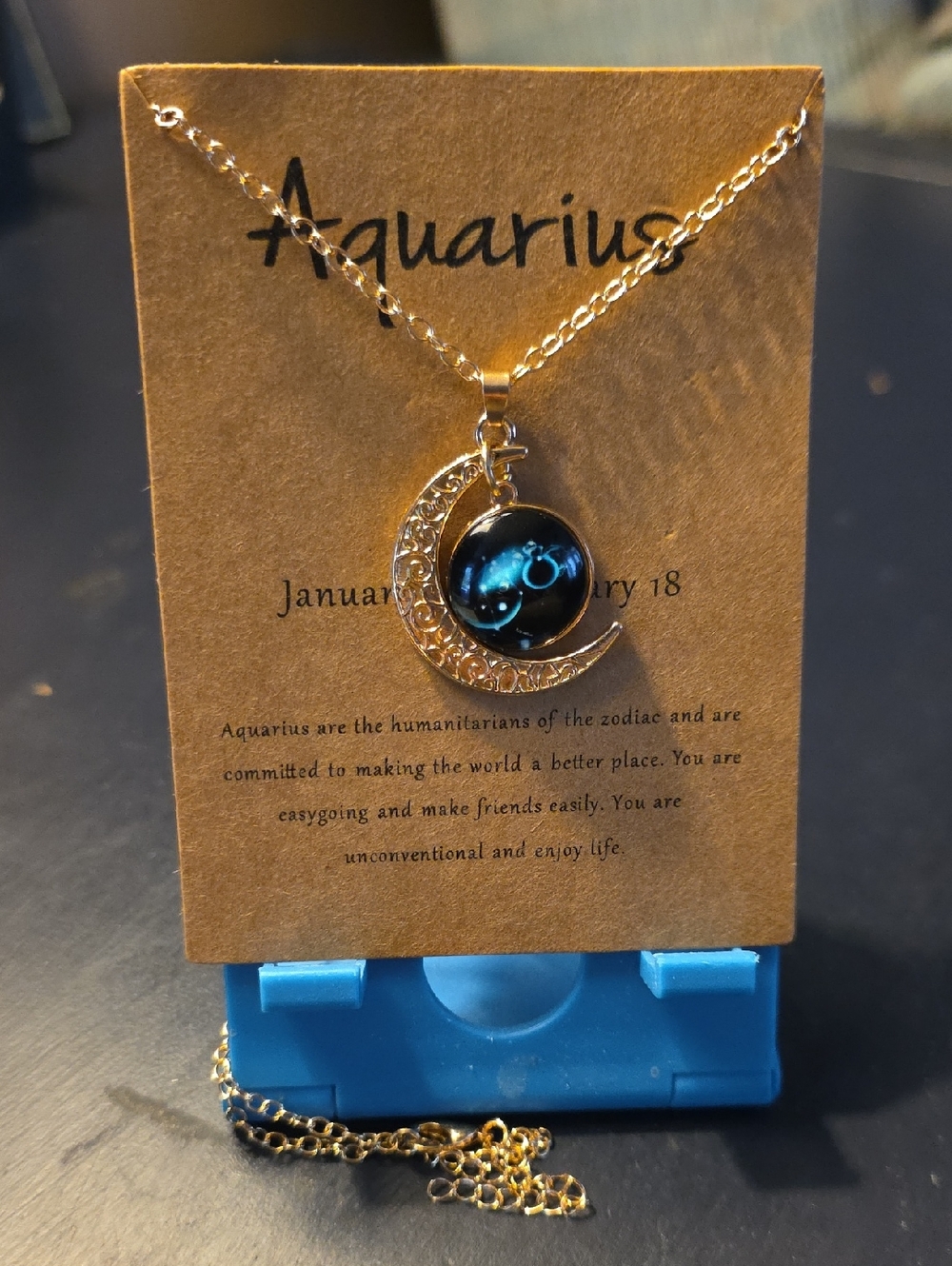 Aquarius Gold-Tone Crescent Moon Necklace with Black Zodiac Pendant - Picture 2 of 9